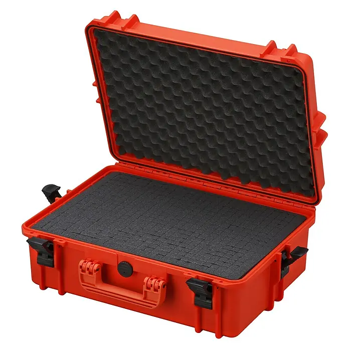 Wasserdichter Koffer MAX505L x B x H: 555 x 428 x 211 mm, Kunststoff, Mit Würfelschaumstoffeinlage, Orange - Ein offener orangefarbener Schutzkoffer mit schwarzem Noppenschaumstoff ist vor einem neutralen Hintergrund abgebildet.