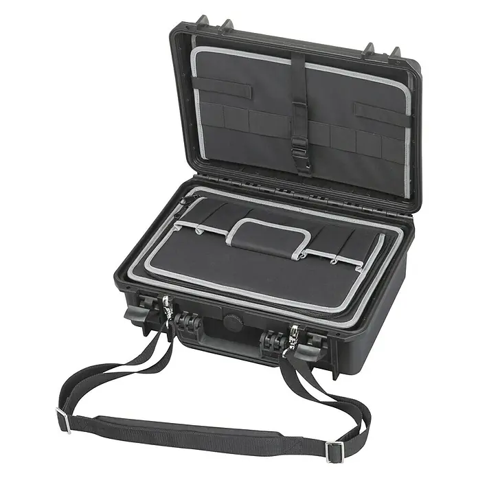 Wasserdichter Koffer MAX430 - L x B x H: 464 x 366 x 176 mm, Mit Werkzeugeinsatz, Schwarz, Kunststoff - Der Pelican 1495 Laptop-Koffer mit Schultergurt, geöffnet präsentiert, ist die ideale Lösung für den sicheren Transport von Laptops und Zubehör.