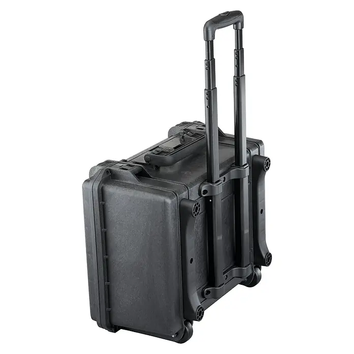 Wasserdichter Koffer MAX465TR - L x B x H: 502 x 422 x 267 mm, Ohne Schaumstoffeinlage, Ausziehbarer Trolley, Schwarz, Kunststoff - Abgebildeter robuster schwarzer Rollenkoffer. Ideal zum Schutz von Geräten beim Transport.