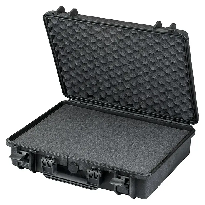 Wasserdichter Koffer MAX465 - L x B x H: 502 x 415 x 141 mm, Mit Würfelschaumstoffeinlage, Schwarz, Kunststoff - Schwarzer Schutzkoffer mit Noppenschaumstoffeinlage. Der Koffer ist geöffnet und leer. Ideal für den sicheren Transport empfindlicher Güter.