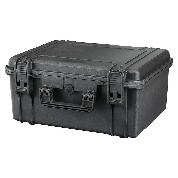 Wasserdichter Koffer MAX465 - L x B x H: 502 x 415 x 246 mm, Ohne Schaumstoffeinlage, Schwarz, Kunststoff - Schwarzer, robuster Schutzkoffer mit stabilen Verschlüssen und Tragegriff, ideal für den sicheren Transport von empfindlichen Gegenständen.