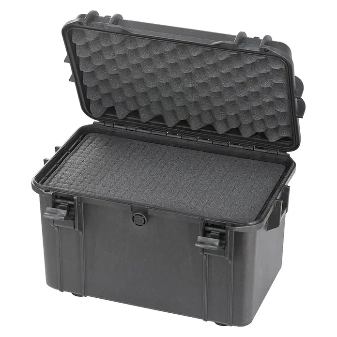 Wasserdichter Koffer MAX400 - L x B x H: 456 x 290 x 318 mm, Mit Würfelschaumstoffeinlage, Schwarz, Kunststoff - Geöffneter, stoßfester, schwarzer Transportkoffer mit Noppenschaumstoffeinlage für sicheren Transport empfindlicher Geräte.