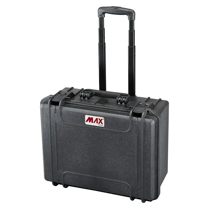 Wasserdichter Koffer MAX465TR - L x B x H: 502 x 422 x 267 mm, Ohne Schaumstoffeinlage, Ausziehbarer Trolley, Schwarz, Kunststoff - Schwarzer Rollkoffer der Marke MAX mit ausziehbarem Griff für den bequemen Transport von Ausrüstung und persönlichem Gepäck.