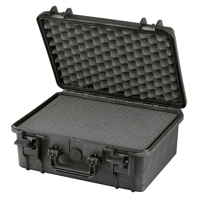 Wasserdichter Koffer MAX380 - L x B x H: 414 x 345 x 174 mm, Mit Würfelschaumstoffeinlage, Schwarz, Kunststoff - Schwarzer Schutzkoffer mit Schaumstoffeinlage, ideal für den sicheren Transport empfindlicher Geräte und Ausrüstung. Robuster Koffer für Profis.