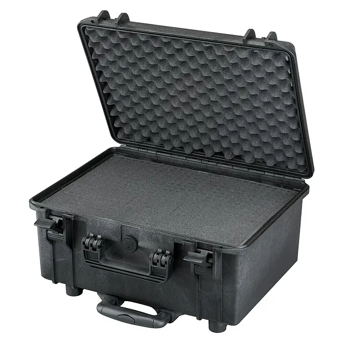 Wasserdichter Koffer MAX465TR - L x B x H: 502 x 422 x 267 mm, Mit Würfelschaumstoffeinlage, Ausziehbarer Trolley, Schwarz, Kunststoff - Schwarzer Schutzkoffer mit Noppenschaumstoffeinlage für sicheren Transport empfindlicher Geräte.