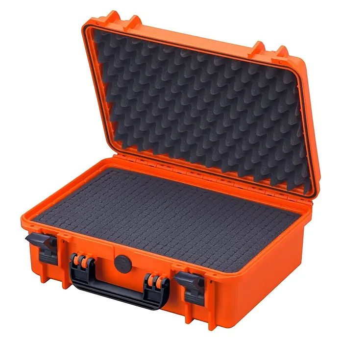 Wasserdichter Koffer MAX430 - L x B x H: 464 x 366 x 176 mm, Kunststoff, Mit Würfelschaumstoffeinlage, Orange - Orangefarbener Schutzkoffer mit Noppenschaumstoff für sicheren Transport empfindlicher Geräte.