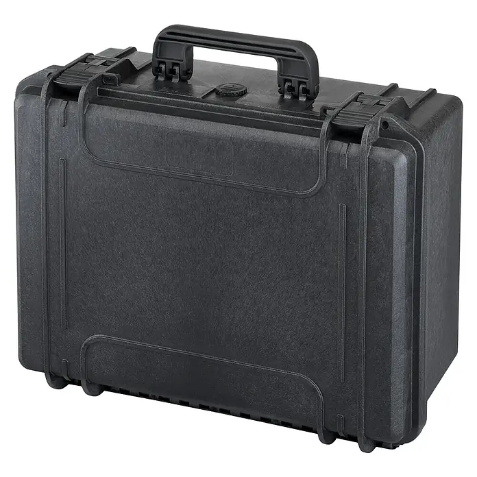 Wasserdichter Koffer MAX465 - L x B x H: 502 x 415 x 246 mm, Ohne Schaumstoffeinlage, Schwarz, Kunststoff - Robuster schwarzer Transportkoffer mit Griff und Schnappverschlüssen für sicheren Transport von Ausrüstung.