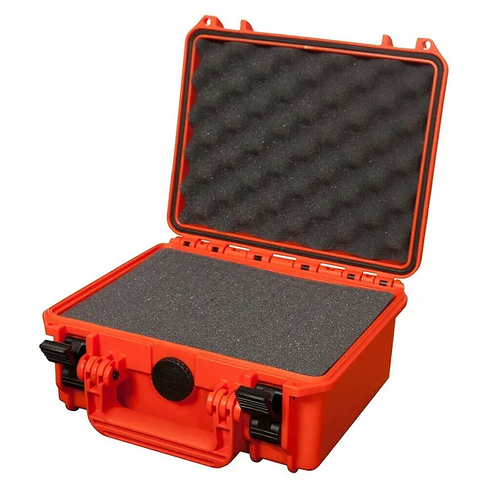 Wasserdichter Koffer MAX235 - L x B x H: 258 x 243 x 118 mm, Kunststoff, Mit Würfelschaumstoffeinlage, Orange - Orangefarbener Schutzkoffer mit schwarzem Schaumstoffeinlagen für sicheren Transport von empfindlichen Gegenständen.