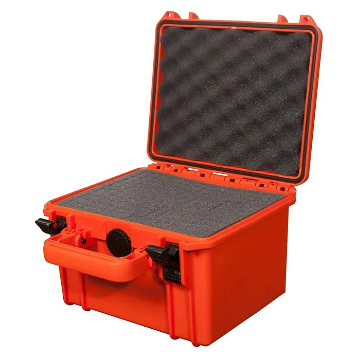 Wasserdichter Koffer MAX235 - L x B x H: 258 x 243 x 168 mm, Kunststoff, Mit Würfelschaumstoffeinlage, Orange - Orangefarbener Schutzkoffer mit Schaumstoffeinlage, ideal für den sicheren Transport empfindlicher Geräte und Ausrüstung.