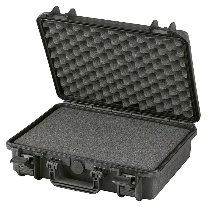 Wasserdichter Koffer MAX380 - L x B x H: 414 x 345 x 129 mm, Mit Würfelschaumstoffeinlage, Schwarz, Kunststoff - Die schwarze, offene Schutzkoffer mit Noppenschaumstoff bietet sicheren Transport für empfindliche Gegenstände. Ideal für Fotoausrüstung.