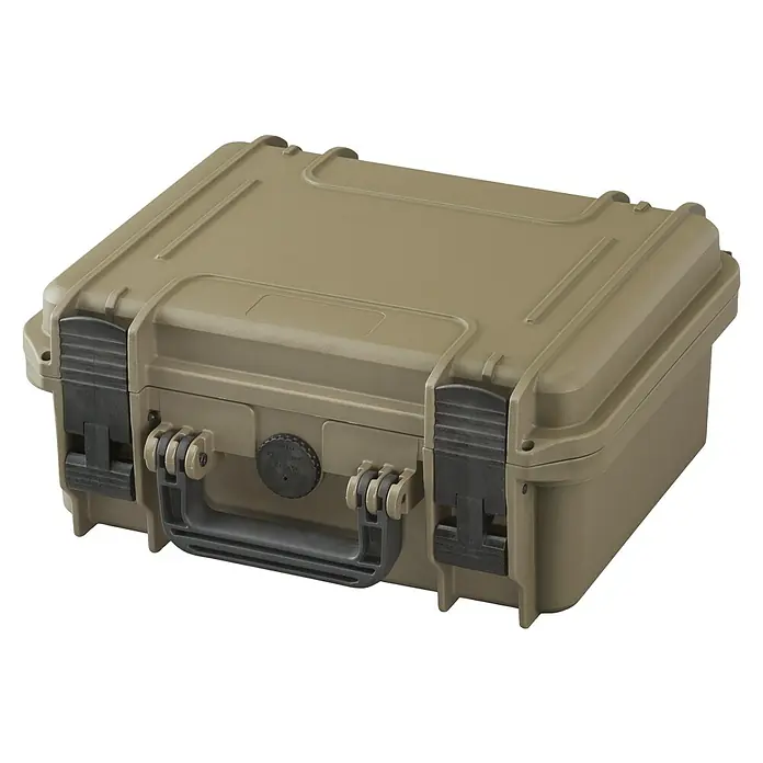 Wasserdichter Koffer MAX300 - L x B x H: 336 x 300 x 148 mm, Kunststoff, Mit Würfelschaumstoffeinlage, Sahara - Khakifarbener robuster Koffer mit schwarzem Griff und Verschlüssen, ideal für den sicheren Transport empfindlicher Gegenstände.