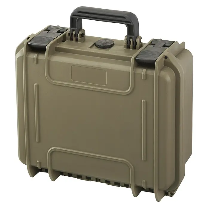 Wasserdichter Koffer MAX300 - L x B x H: 336 x 300 x 148 mm, Kunststoff, Ohne Schaumstoffeinlage, Sahara - Robuster, staubdichter und wasserdichter Kunststoffkoffer in Olivgrün mit Tragegriff. Ideal für den sicheren Transport empfindlicher Güter.