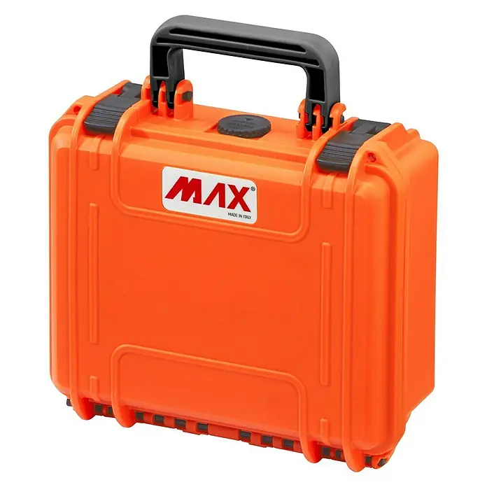 Wasserdichter Koffer MAX235 - L x B x H: 258 x 243 x 118 mm, Kunststoff, Ohne Schaumstoffeinlage, Orange - Orangefarbener MAX Koffer mit schwarzem Griff, ideal für den sicheren Transport empfindlicher Gegenstände. Robust und zuverlässig.