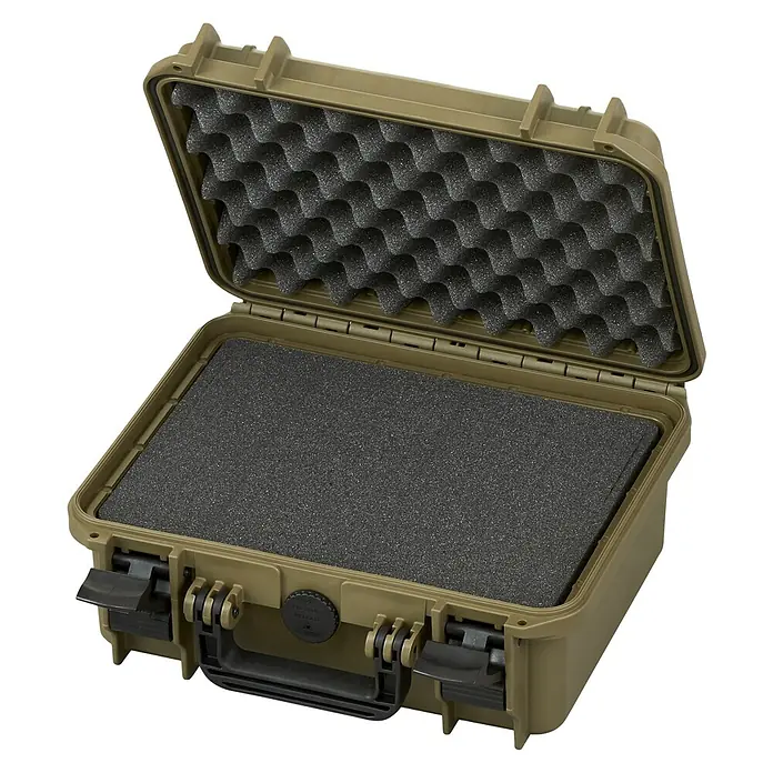 Wasserdichter Koffer MAX300 - L x B x H: 336 x 300 x 148 mm, Kunststoff, Mit Würfelschaumstoffeinlage, Sahara - Geöffneter, olivgrüner Schutzkoffer mit Noppenschaumstoff-Polsterung für sicheren Transport empfindlicher Gegenstände.