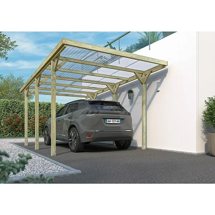 Cerland Carport Jean - Medidas ext. (An x Pr): 304 x 511 cm, Carport adecuado para: Turismos - Una cochera de madera con techo transparente protege un coche gris de las inclemencias del tiempo y ofrece refugio práctico.