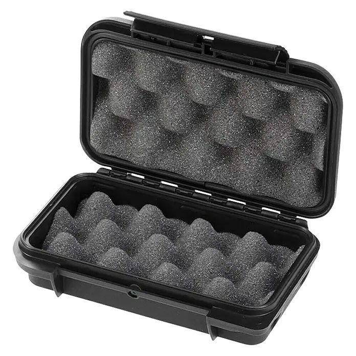 Wasserdichter Koffer MAXGRIP - L x B x H: 175 x 115 x 47 mm, Mit Noppenschaumstoffeinlage, Schwarz, Kunststoff - Eine geöffnete, schwarze Schutzbox mit Noppenschaumstoffeinlage. Ideal für den sicheren Transport empfindlicher Gegenstände.