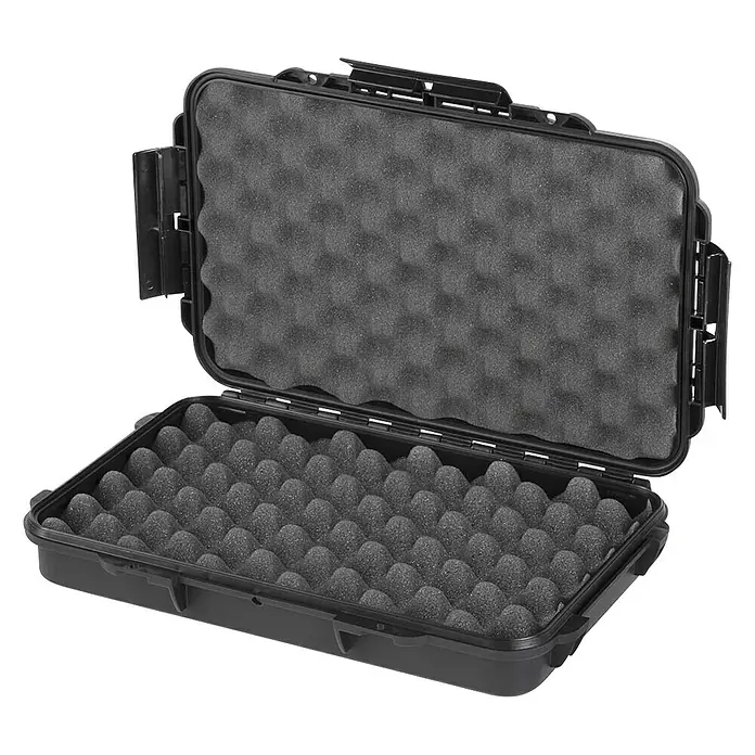 Wasserdichter Koffer MAXGRIP - L x B x H: 350 x 230 x 59 mm, Mit Noppenschaumstoffeinlage, Schwarz, Kunststoff - Bild einer geöffneten schwarzen Hartschalenbox mit Noppenschaumstoffeinlage. Ideal für den sicheren Transport empfindlicher Gegenstände.