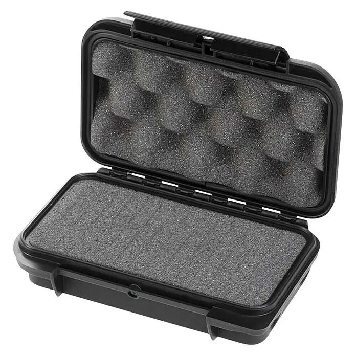 Wasserdichter Koffer MAXGRIP - L x B x H: 175 x 115 x 47 mm, Mit Würfelschaumstoffeinlage, Schwarz, Kunststoff - Geöffnete schwarze Hartschalenbox mit Schaumstoffpolsterung zur sicheren Aufbewahrung empfindlicher Gegenstände.