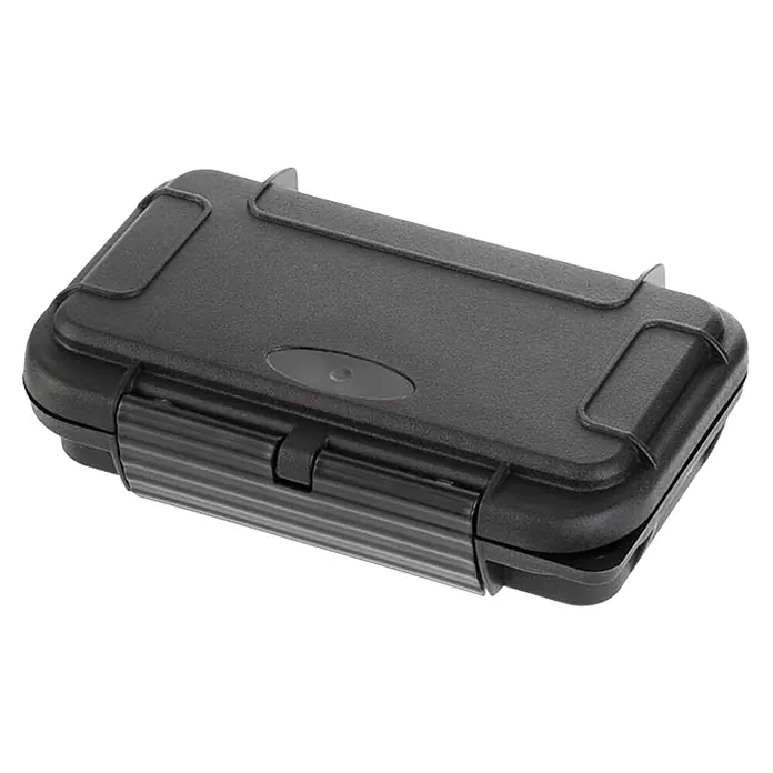 Wasserdichter Koffer MAXGRIP - L x B x H: 175 x 115 x 47 mm, Mit Würfelschaumstoffeinlage, Schwarz, Kunststoff - Nahaufnahme einer kleinen, schwarzen, wasserdichten Box, ideal zum Schutz empfindlicher Gegenstände vor Feuchtigkeit und Beschädigung.