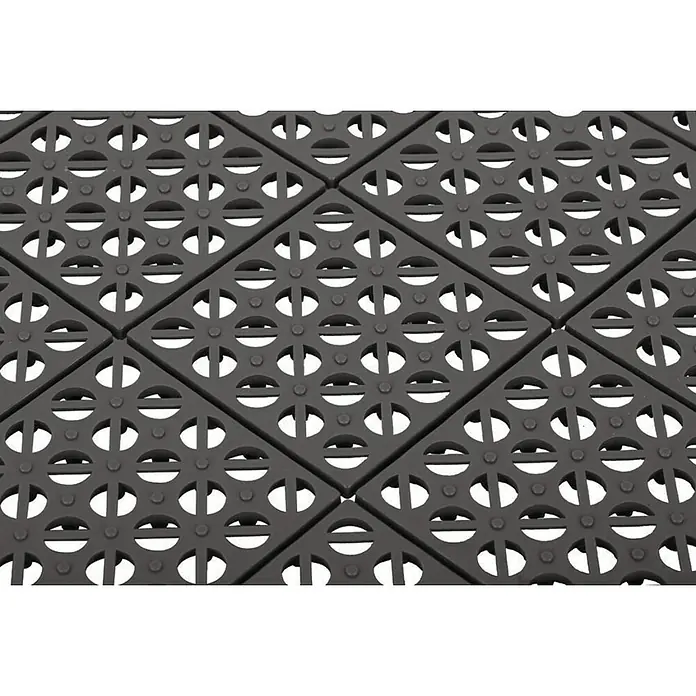 Klickfliese - Polyethylen, 55,5 x 55,5 x 1,1 cm, Mulitgrey, 1 Stk. - Schwarze, ineinandergreifende Bodenfliesen mit kreisförmigen und schlitzförmigen Ausschnitten für eine robuste und wasserdurchlässige Oberfläche.