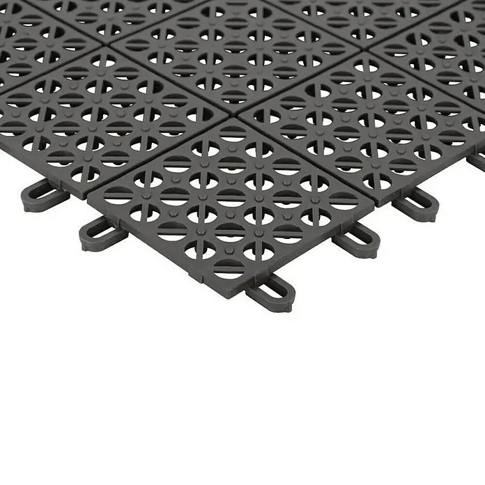 Klickfliese - Polyethylen, 55,5 x 55,5 x 1,1 cm, Mulitgrey, 1 Stk. - Graue, ineinandergreifende Bodenfliesen mit kreisförmigen Ausschnitten, die eine strapazierfähige und wasserdurchlässige Oberfläche für verschiedene Anwendungen bieten.