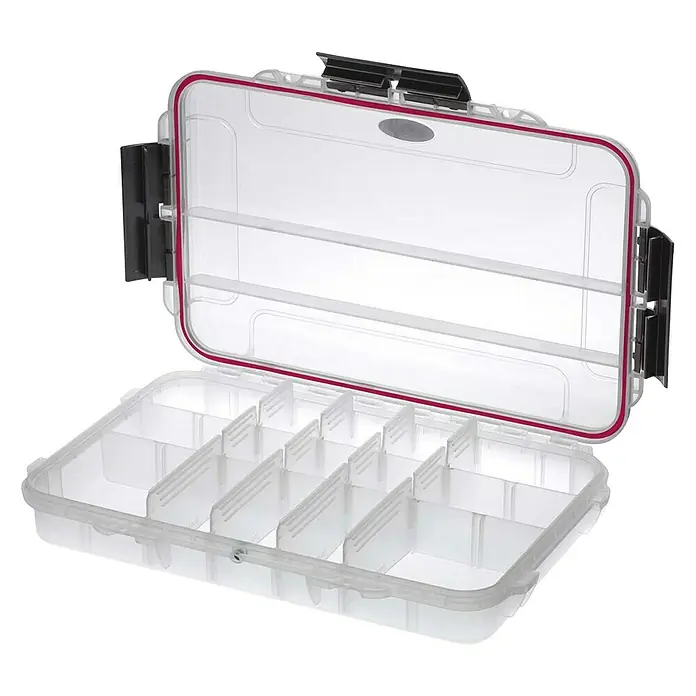 Wasserdichter Koffer MAXGRIP - L x B x H: 350 x 230 x 59 mm, Mit Unterteilungen, Transparent, Kunststoff - Offene durchsichtige Tacklebox mit Fächern. Ideal zur Aufbewahrung von Angelzubehör, robust und vielseitig.