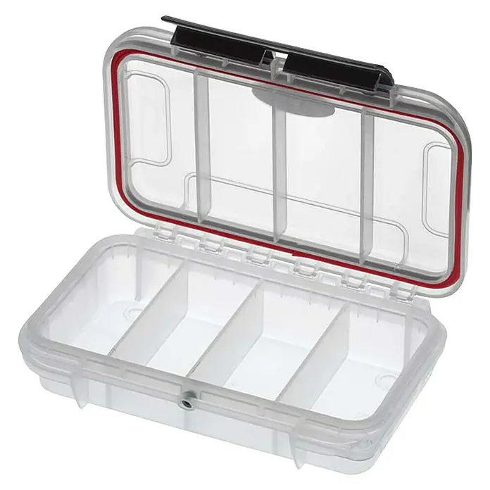 Wasserdichter Koffer MAXGRIP - L x B x H: 175 x 115 x 47 mm, Mit Unterteilungen, Transparent, Kunststoff - Geöffnete transparente Angelbox mit mehreren Fächern und roter Dichtung. Ideal zur Aufbewahrung von Angelausrüstung und Kleinteilen.
