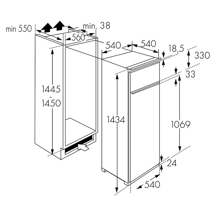 Wolkenstein Einbaukühlschrank WDD230.4 EBNutzinhalt Gesamt: 205 l, 54 x 54 x 143,4 cm, Weiß Sketch