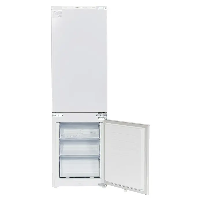 Wolkenstein Kühl-Gefrierkombination WKG257.4NF EB - Nutzinhalt Gesamt: 246 l, 54 x 54 x 177,2 cm, Weiß - Offener weißer Kühlschrank mit Gefrierfach unten, zeigt drei transparente Schubladen.