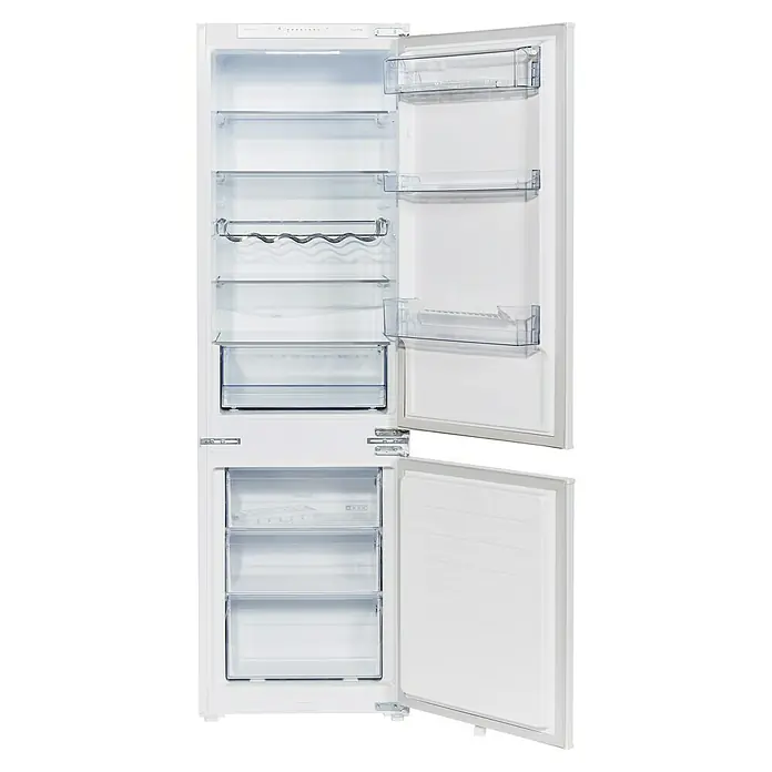 Wolkenstein Kühl-Gefrierkombination WKG257.4NF EB - Nutzinhalt Gesamt: 246 l, 54 x 54 x 177,2 cm, Weiß - Ein offener, weißer Kühlschrank mit Fächern und Schubladen bietet viel Stauraum für Lebensmittel.