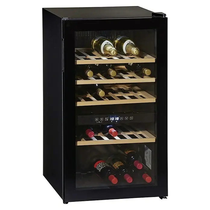 Wolkenstein Weinkühlschrank WTS49 DW - L x B x H: 57,5 x 48 x 85,5 cm, Schwarz - Weinkühlschrank mit Holzeinlegeböden und verschiedenen Weinflaschen.