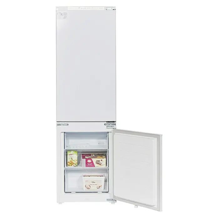 Wolkenstein Kühl-Gefrierkombination WKG257.4NF EB - Nutzinhalt Gesamt: 246 l, 54 x 54 x 177,2 cm, Weiß - Einbau-Kühl-Gefrierkombination mit geöffneter Gefrierschranktür, in der Eis und gefrorene Lebensmittel in Schubladen verstaut sind.