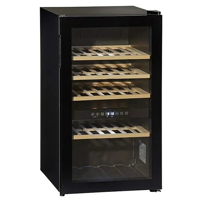 Wolkenstein Weinkühlschrank WTS49 DW - L x B x H: 57,5 x 48 x 85,5 cm, Schwarz - Abbildung eines schwarzen Weinkühlschranks mit Holzregalen und digitaler Temperaturanzeige.