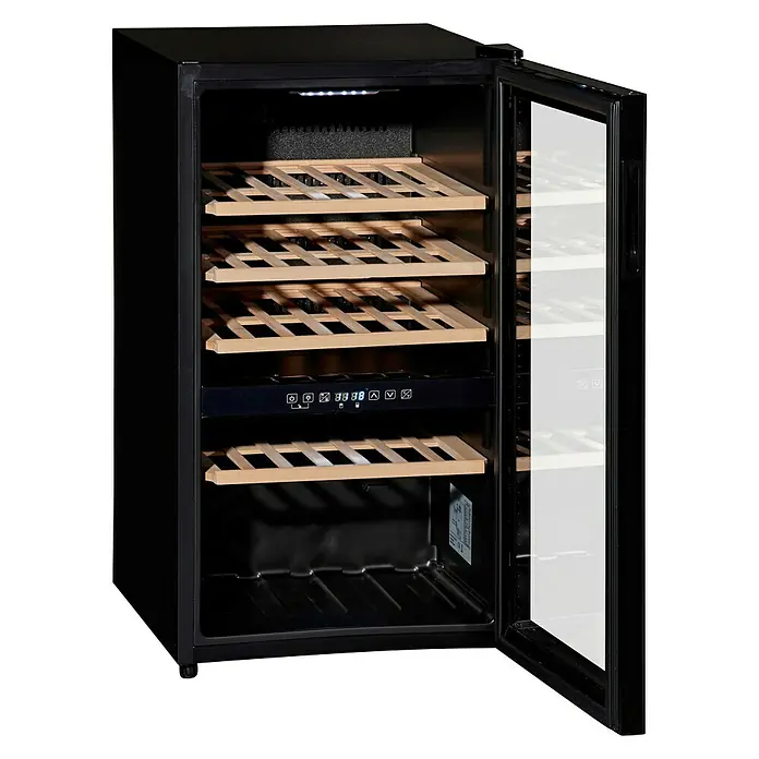 Wolkenstein Weinkühlschrank WTS49 DW - L x B x H: 57,5 x 48 x 85,5 cm, Schwarz - Ein offener Weinkühlschrank mit Holzregalen und digitaler Steuerung, ideal zur Lagerung und Präsentation Ihrer Weinsammlung.