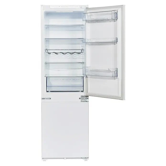 Wolkenstein Kühl-Gefrierkombination WKG257.4NF EB - Nutzinhalt Gesamt: 246 l, 54 x 54 x 177,2 cm, Weiß - Ein offener, leerer, weißer Kühlschrank mit mehreren Regalen und Fächern, bereit zur Nutzung. Das Gerät ist modern und energieeffizient.