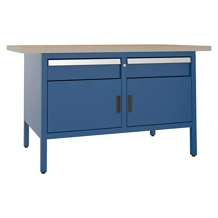 Lista Werkbank - L x B: 70 x 150 cm, Arbeitshöhe: 84 cm, Belastbarkeit: 1.000 kg, Signalblau RAL5005, Anzahl Schubladen: 2 Stk. - Ein blauer Werkstatttisch mit Holzplatte, zwei Schubladen mit Griffen und zwei Schranktüren mit Griffen, ideal für jede Werkstatt.