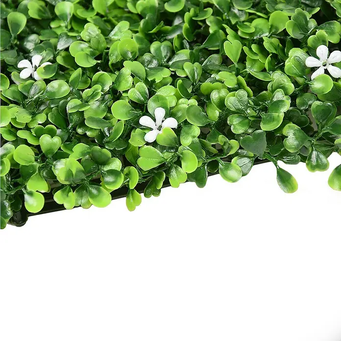 Faura Jardín vertical Jazmín - Plástico, L x An: 50 x 50 cm - Primer plano de un panel de seto artificial con hojas verdes y pequeñas flores blancas, ideal para decoración interior y exterior.