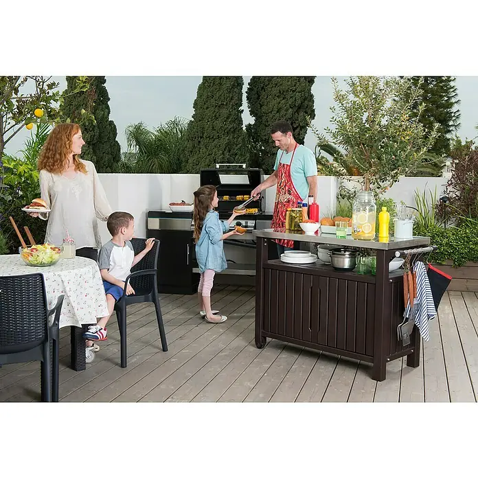Keter Mesa de servicio Unity XL - 123,7 x 54 cm, Plástico, Marrón - Barbacoa familiar al aire libre con una parrilla moderna y una elegante cocina exterior con amplio espacio de almacenamiento.