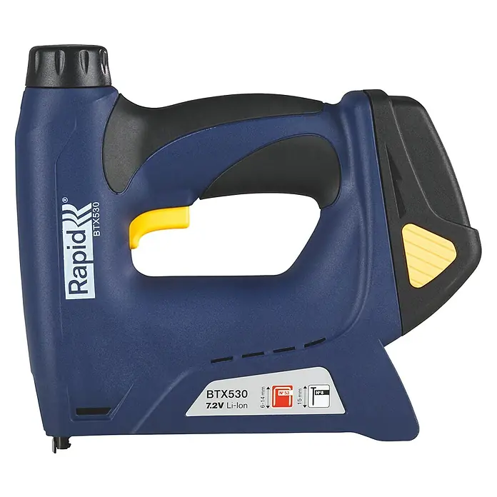 Rapid Akku-Tacker BTX530 - 7,2 V, Li-Ionen, 1,3 Ah, 1 Akku, Klammertiefe: 6 mm - 14 mm - Akku-betriebener Rapid BTX530 Tacker, ideal für verschiedene Befestigungsarbeiten mit Klammern und Nägeln. Ein vielseitiges Werkzeug.