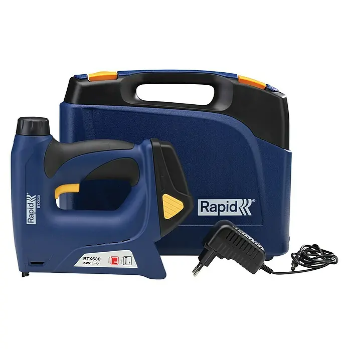 Rapid Akku-Tacker BTX530 - 7,2 V, Li-Ionen, 1,3 Ah, 1 Akku, Klammertiefe: 6 mm - 14 mm - Das Rapid BTX530 Akku-betriebene Elektrotacker mit Ladegerät und Aufbewahrungskoffer. Ein professionelles Werkzeug für Heimwerker und Handwerker.