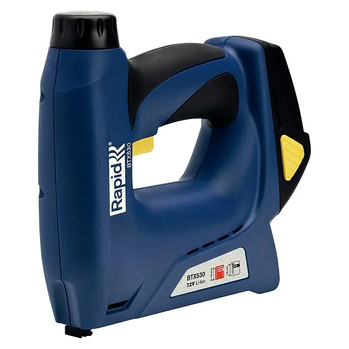 Rapid Akku-Tacker BTX530 - 7,2 V, Li-Ionen, 1,3 Ah, 1 Akku, Klammertiefe: 6 mm - 14 mm - Nahaufnahme eines Rapid BTX530 Akku-Tackers in Blau und Schwarz, der für Befestigungsarbeiten entwickelt wurde.