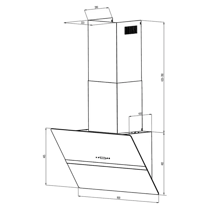 Schräghaube - Breite: 90 cm, Max. Gebläseleistung Abluftbetrieb: 597 m³/h, Weiß - Eine technische Zeichnung einer Dunstabzugshaube mit Maßen. Das Produkt ist modern und für die Montage in der Küche geeignet.
