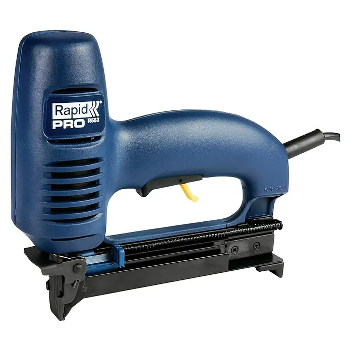 Rapid Kombi-Elektrotacker R553 PRO - Klammertiefe: 8 mm - 20 mm, Elektrisch, Schachtel - Das Bild zeigt einen blauen Rapid PRO R553 Elektrotacker, der für professionelle Anwendungen konzipiert wurde. Er ist robust und leistungsstark.
