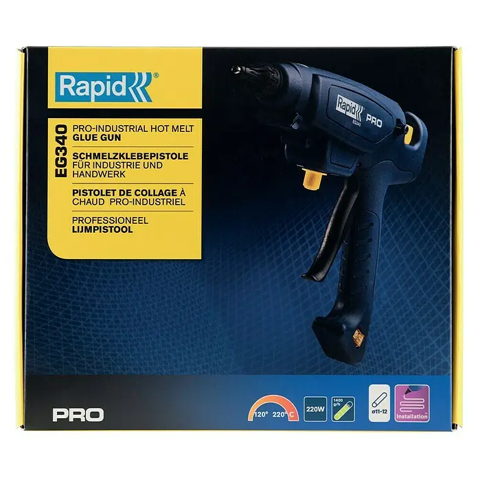 Rapid Heißklebepistole EG 340 PRO - Durchmesser Klebepatrone: 12 mm, 120 °C - 220 °C, 220 W - Produktverpackung der Rapid EG340 Pro-Industrie Heißklebepistole für professionelle Anwendungen mit hoher Schmelzkapazität.