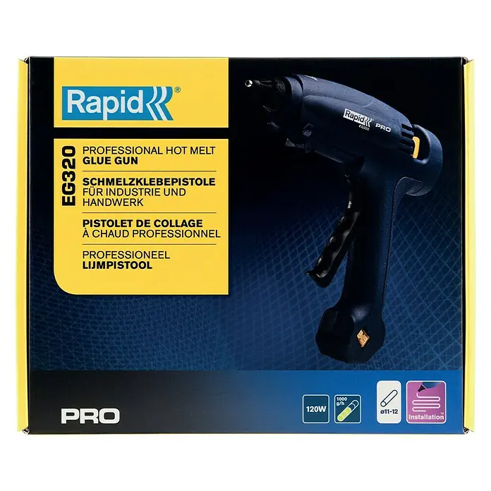 Rapid Heißklebepistole EG 320 PRO - Durchmesser Klebepatrone: 12 mm, 195 °C, 180 W - Abbildung der Rapid EG320 Profi-Heißklebepistole in ihrer Verpackung mit Produktinformationen.