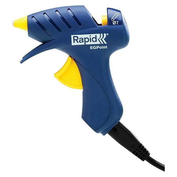 Rapid Heißklebepistole EG Point - 100 W, Durchmesser Klebepatrone: 7 mm, 160 °C - 180 °C - Nahaufnahme einer blauen Rapid EGPoint Heißklebepistole mit gelbem Auslöser und Düse, die sich ideal für Bastel- und Heimwerkerprojekte eignet.