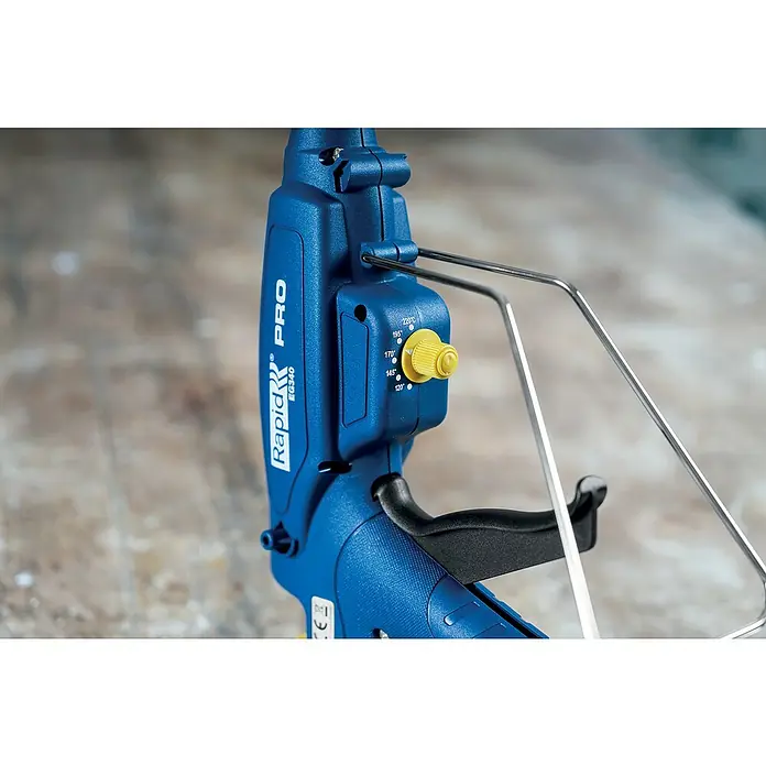 Rapid Heißklebepistole EG 340 PRO - Durchmesser Klebepatrone: 12 mm, 120 °C - 220 °C, 220 W - Nahaufnahme einer Rapid EG340 Pro Heißklebepistole mit Temperaturregler und verchromtem Bügel, ideal für präzises Kleben.