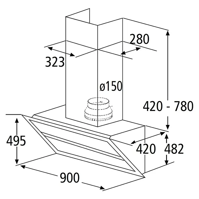 Schräghaube - Breite: 90 cm, Max. Gebläseleistung Abluftbetrieb: 597 m³/h, Weiß - Schema einer Dunstabzugshaube mit Bemaßungen, die die Größe und Abmessungen des Produkts verdeutlichen.\n