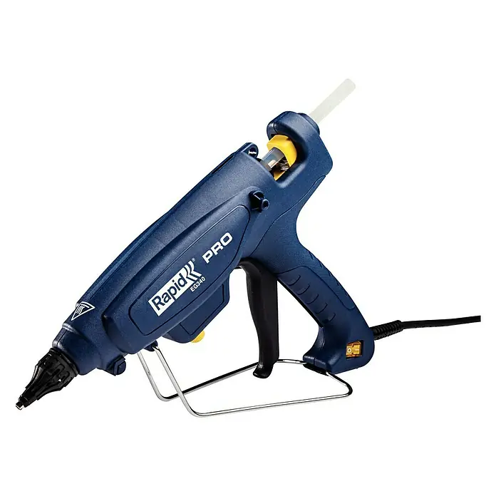 Rapid Pistola termoencoladora EG 340 PRO - Diámetro cartucho de cola: 12 mm, 120 °C - 220 °C, 220 W - Primer plano de una pistola de pegamento caliente Rapid Pro EG340 en un soporte, ideal para manualidades y reparaciones.