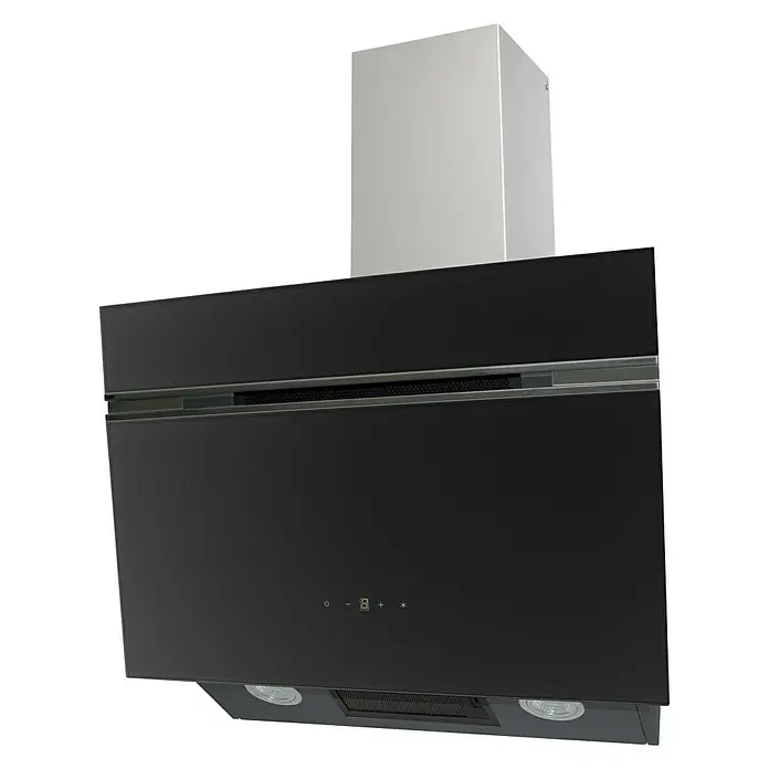 Wolkenstein Schräghaube W S5-60 ABTZ - Breite: 60 cm, Max. Gebläseleistung Abluftbetrieb: 623 m³/h, Schwarz - Eine Dunstabzugshaube in elegantem Schwarz mit einem modernen, silberfarbenen Schacht. Perfekt für eine stilvolle Küchenumgebung.